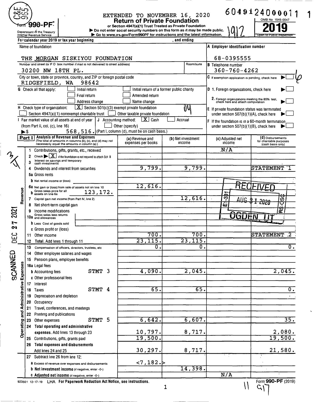 Image of first page of 2019 Form 990PF for The Morgan Siskiyou Foundation