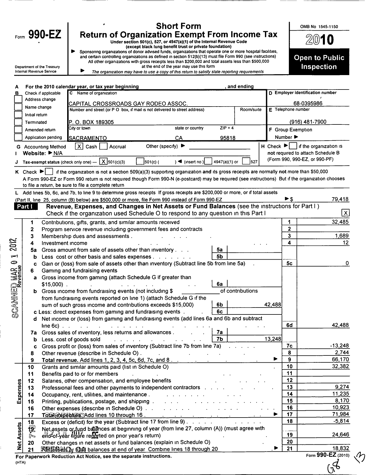 Image of first page of 2010 Form 990EZ for Capital Crossroads Gay Rodeo Association