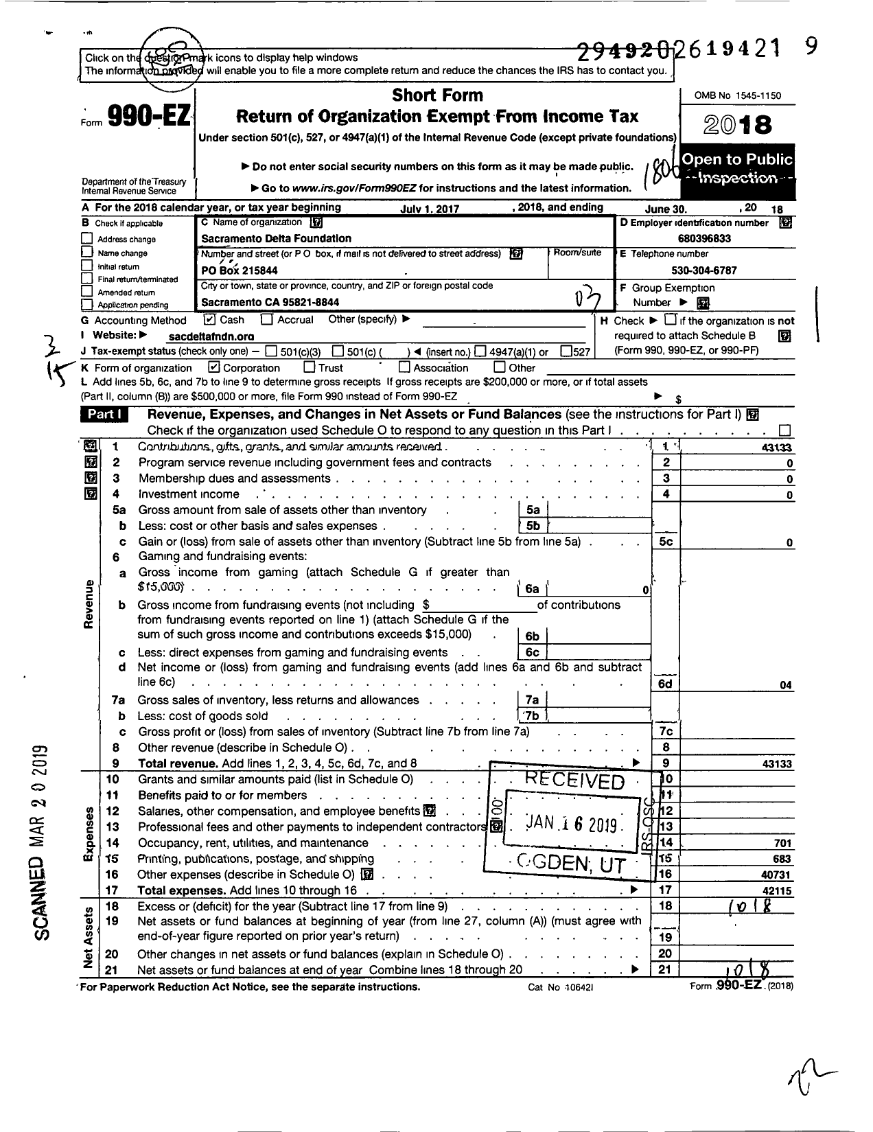 Image of first page of 2017 Form 990EZ for Sacramento Delta Foundation