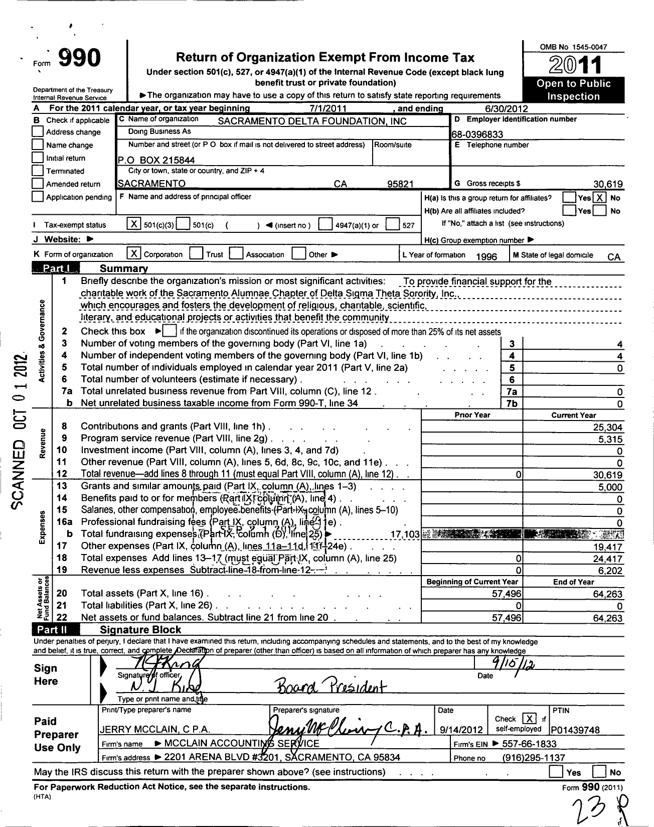 Image of first page of 2011 Form 990 for Sacramento Delta Foundation