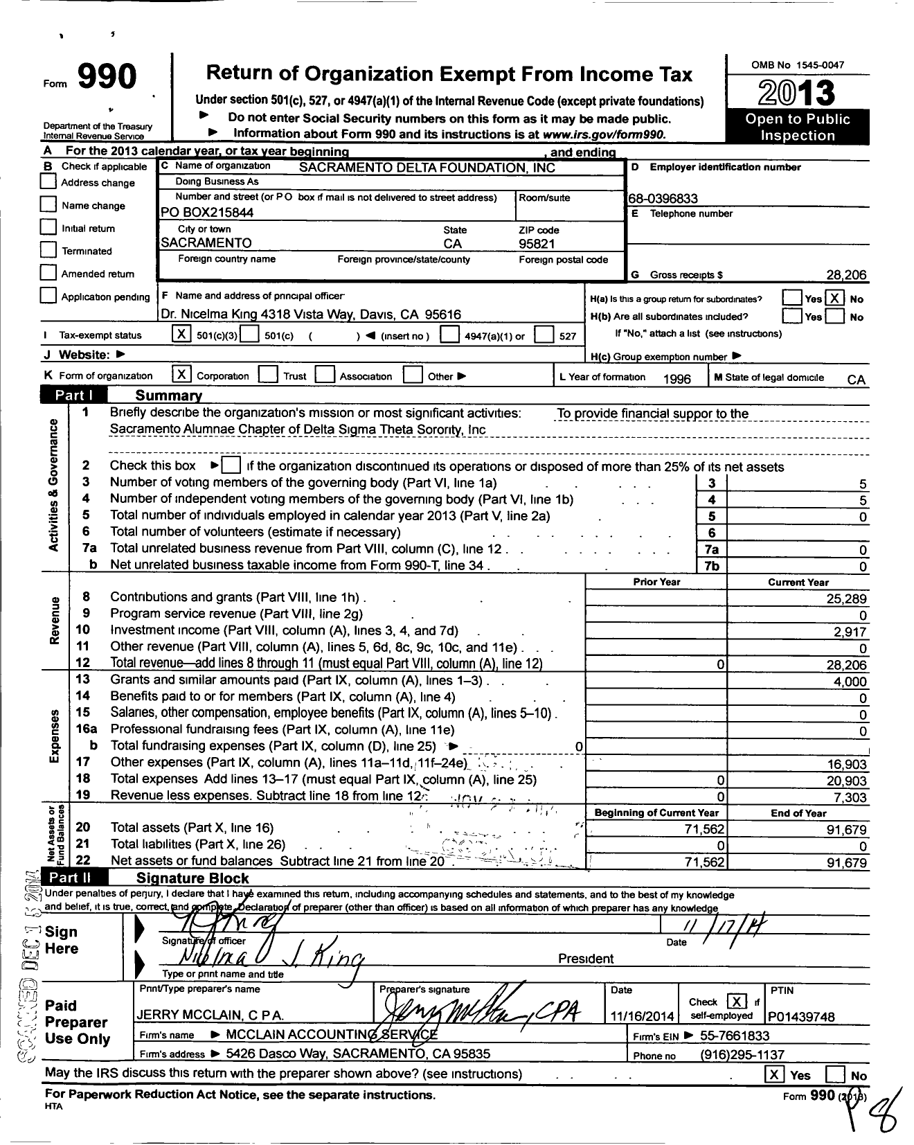 Image of first page of 2013 Form 990 for Sacramento Delta Foundation