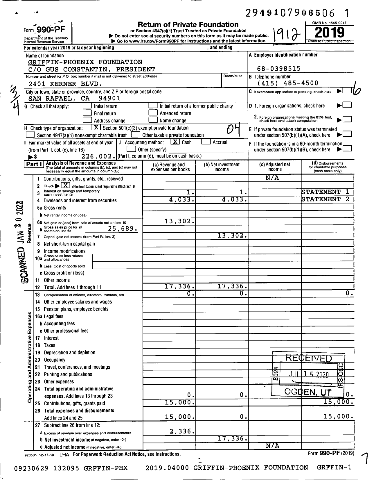 Image of first page of 2019 Form 990PF for Griffin Phoenix Foundation