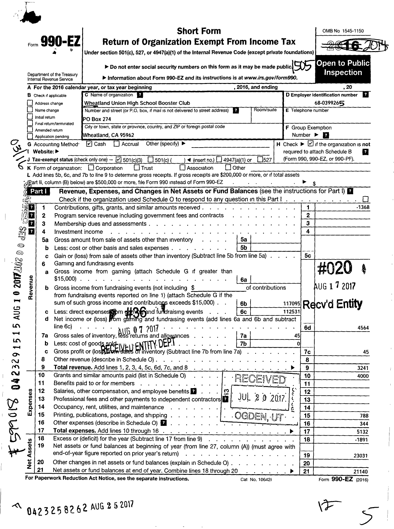 Image of first page of 2014 Form 990EZ for Wheatland Union High School Booster Club