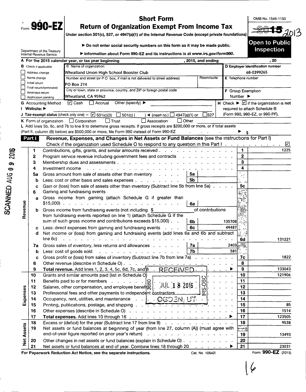 Image of first page of 2013 Form 990EZ for Wheatland Union High School Booster Club