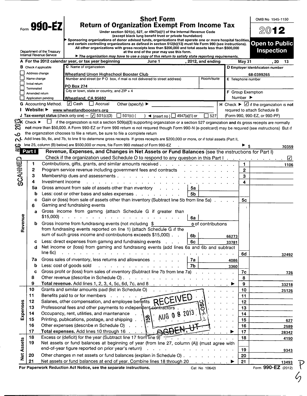 Image of first page of 2012 Form 990EZ for Wheatland Union High School Booster Club