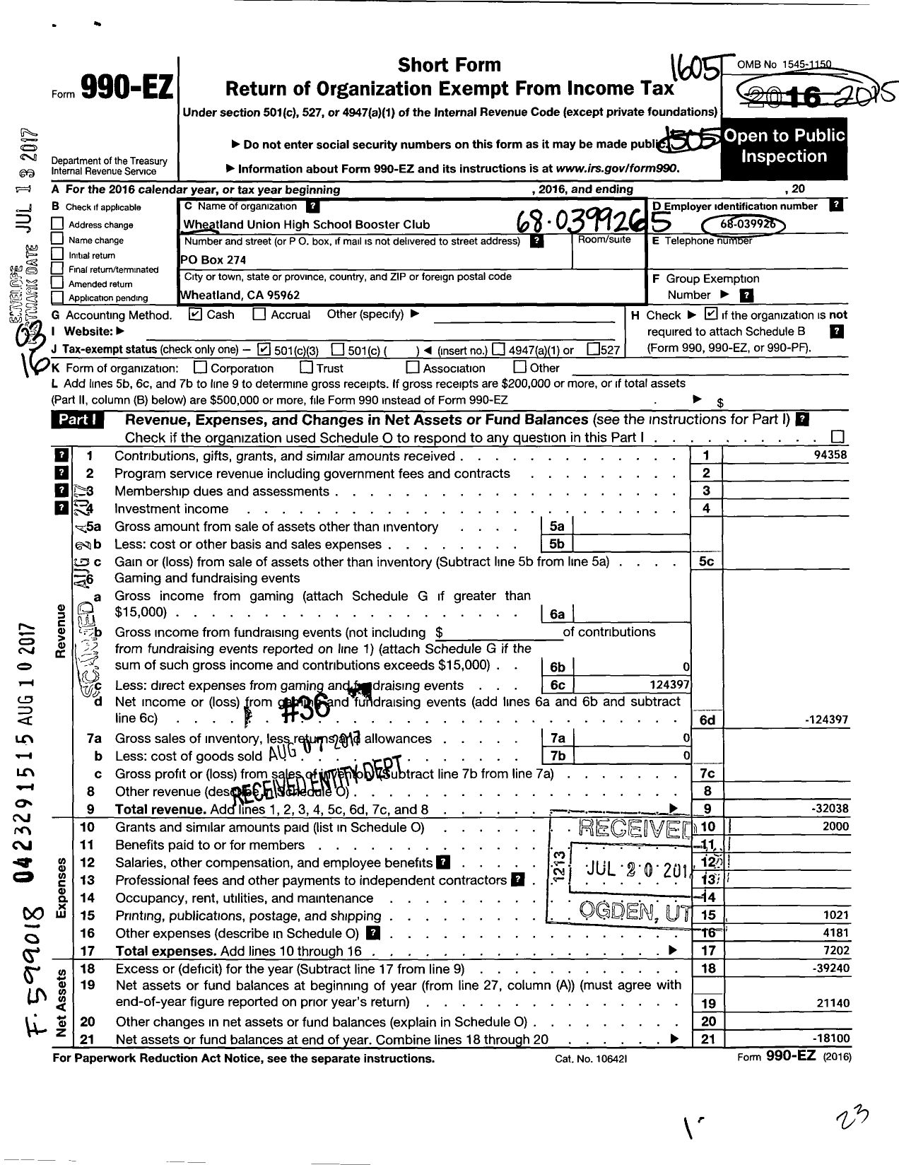 Image of first page of 2015 Form 990EZ for Wheatland Union High School Booster Club