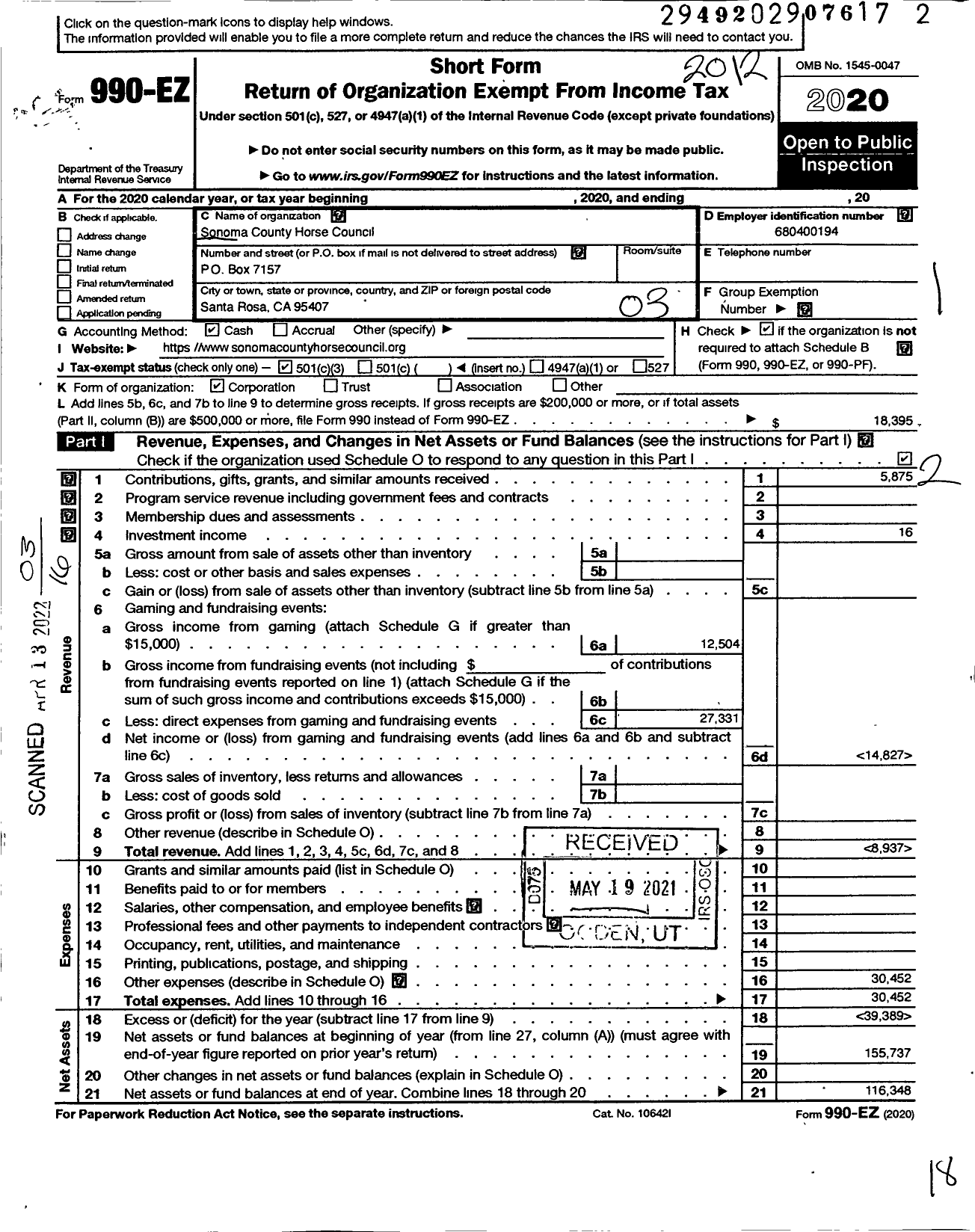 Image of first page of 2020 Form 990EZ for Sonoma County Horse Council