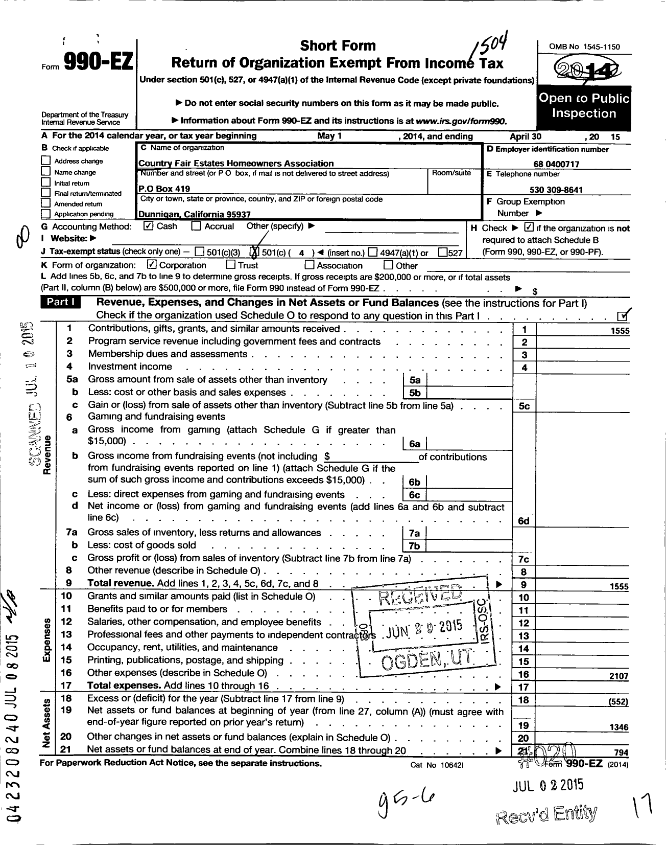 Image of first page of 2014 Form 990EO for Country Fair Estates Homeowners Association