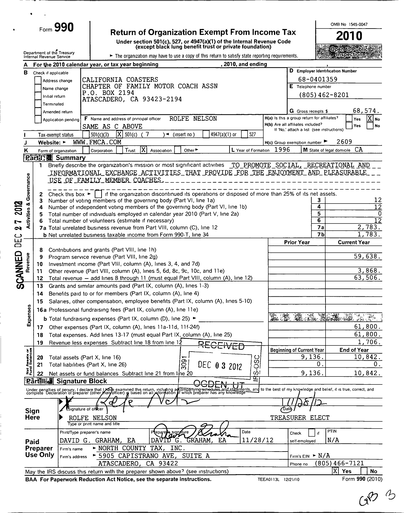 Image of first page of 2010 Form 990O for Family Motor Coach Association / California Coasters