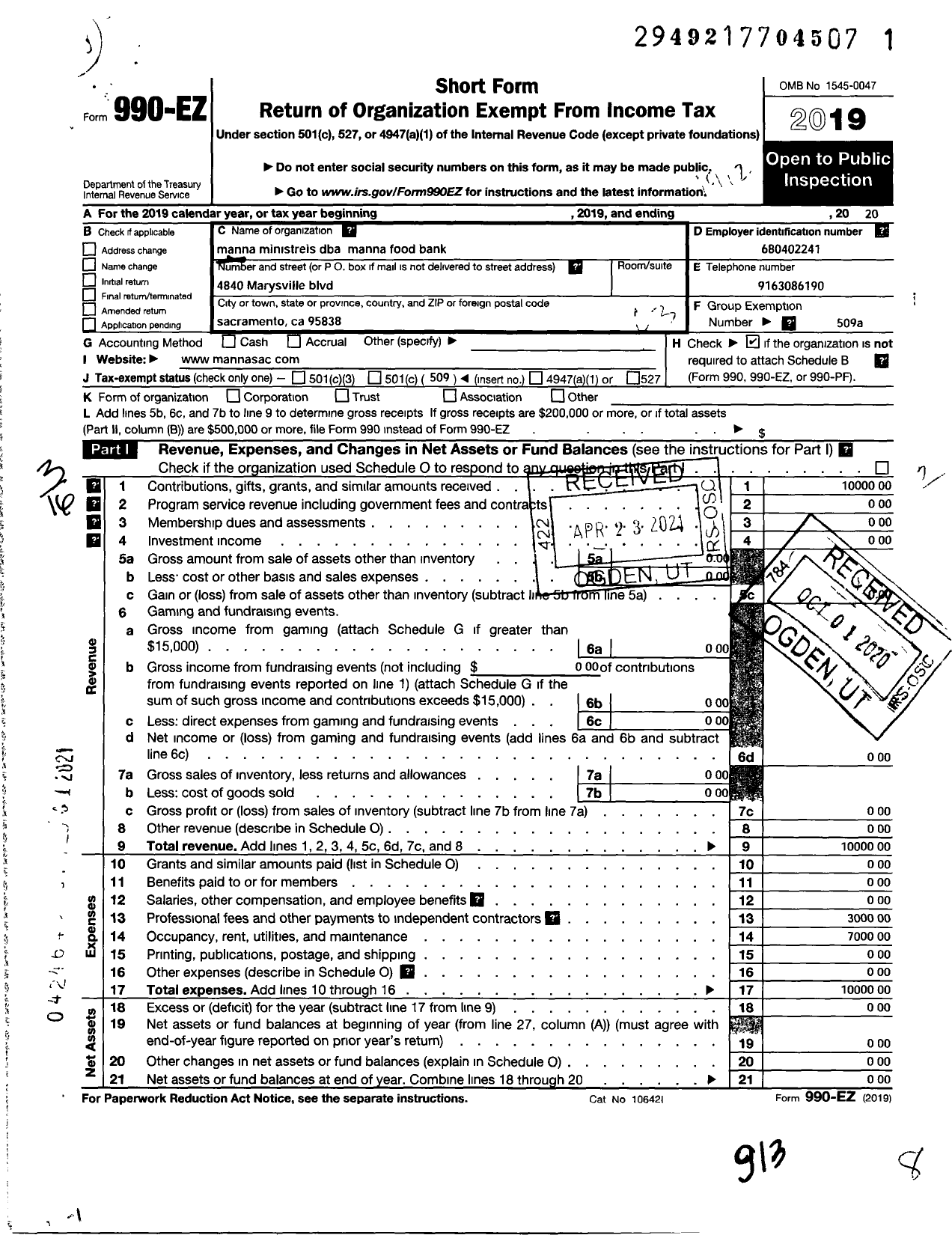 Image of first page of 2019 Form 990EZ for Manna Ministries / Manna Food Bank