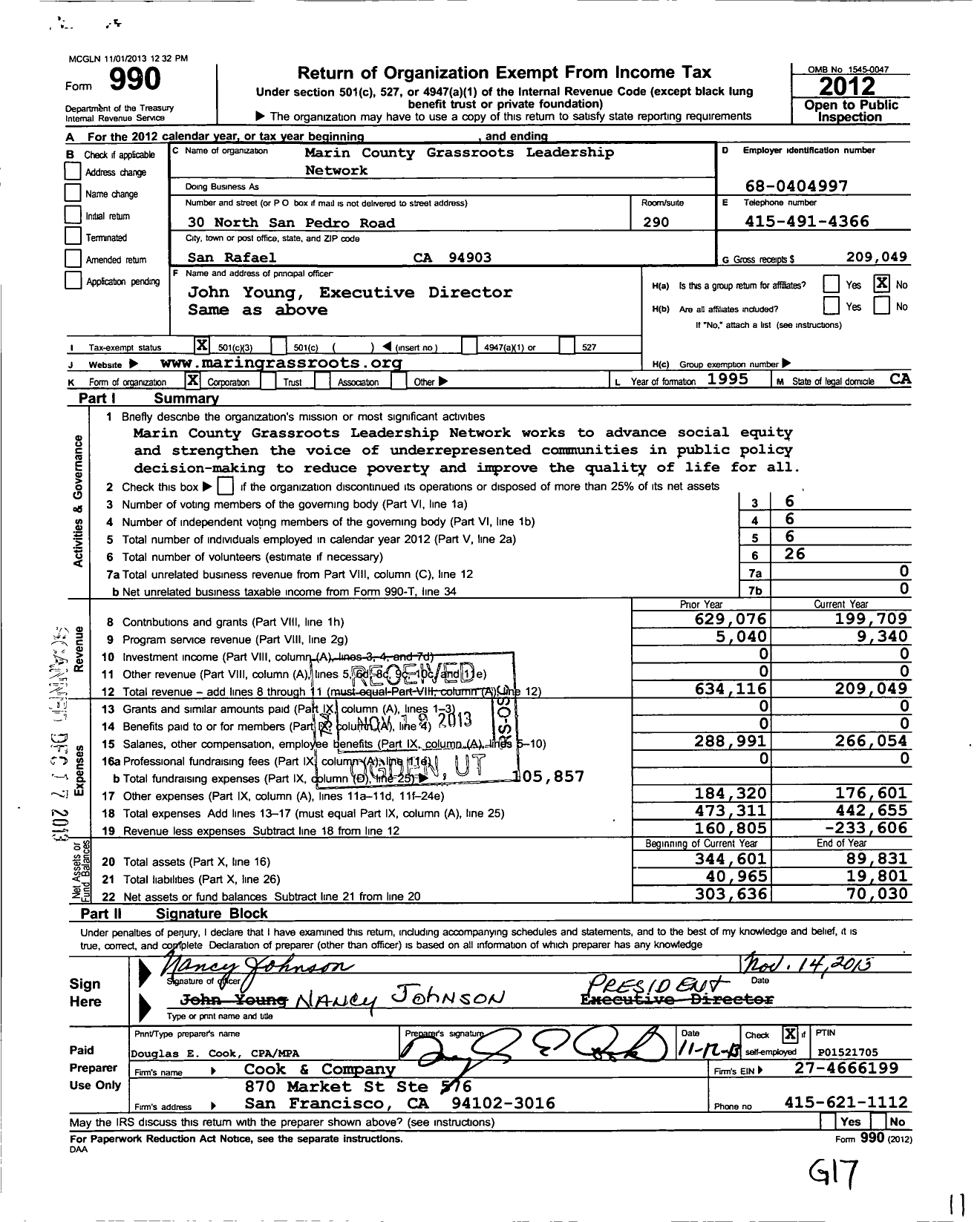 Image of first page of 2012 Form 990 for Marin County Grassroots Leadership Network