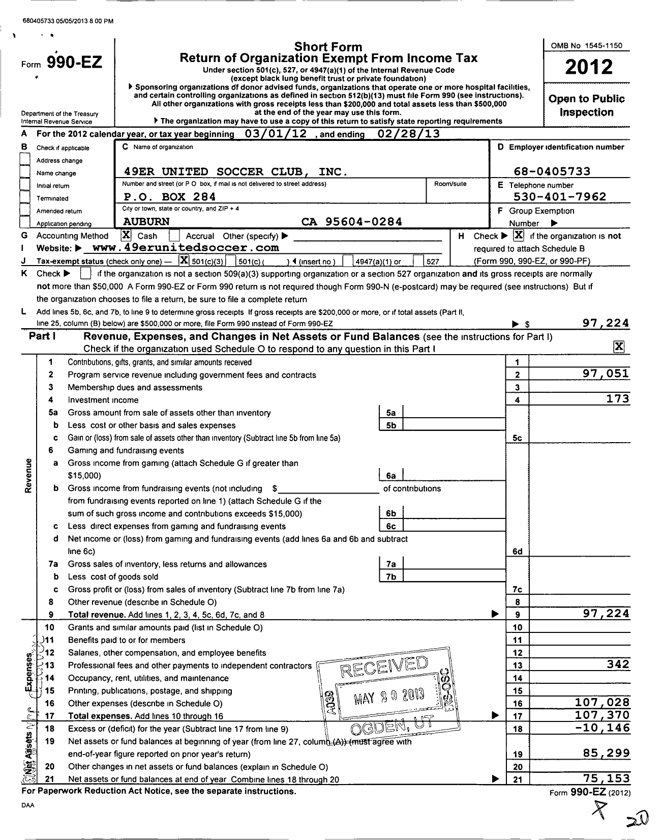 Image of first page of 2012 Form 990EZ for 49er United Soccer Club