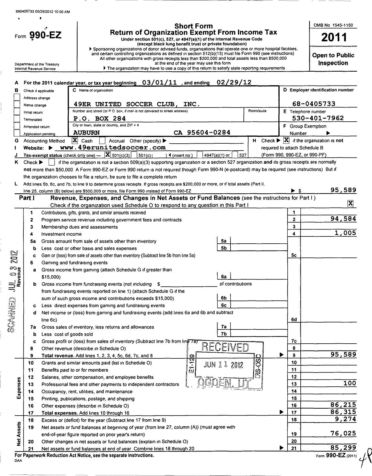 Image of first page of 2011 Form 990EZ for 49er United Soccer Club