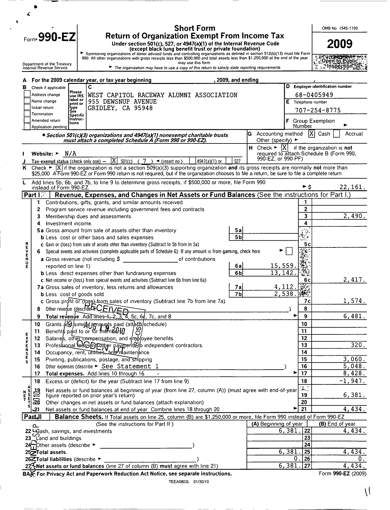 Image of first page of 2009 Form 990EO for West Capitol Raceway Alumni Association