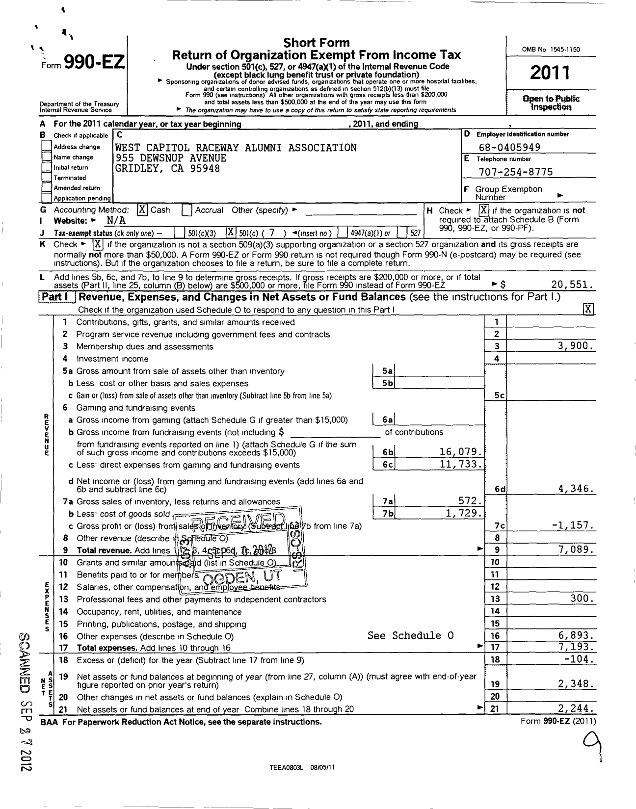 Image of first page of 2011 Form 990EO for West Capitol Raceway Alumni Association