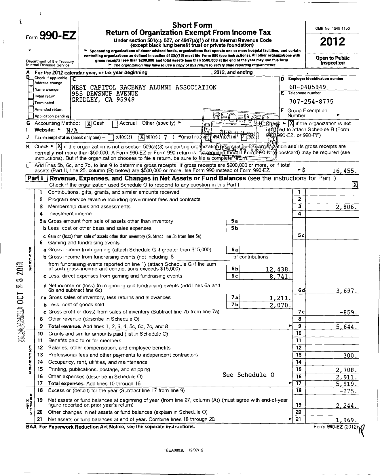 Image of first page of 2012 Form 990EO for West Capitol Raceway Alumni Association