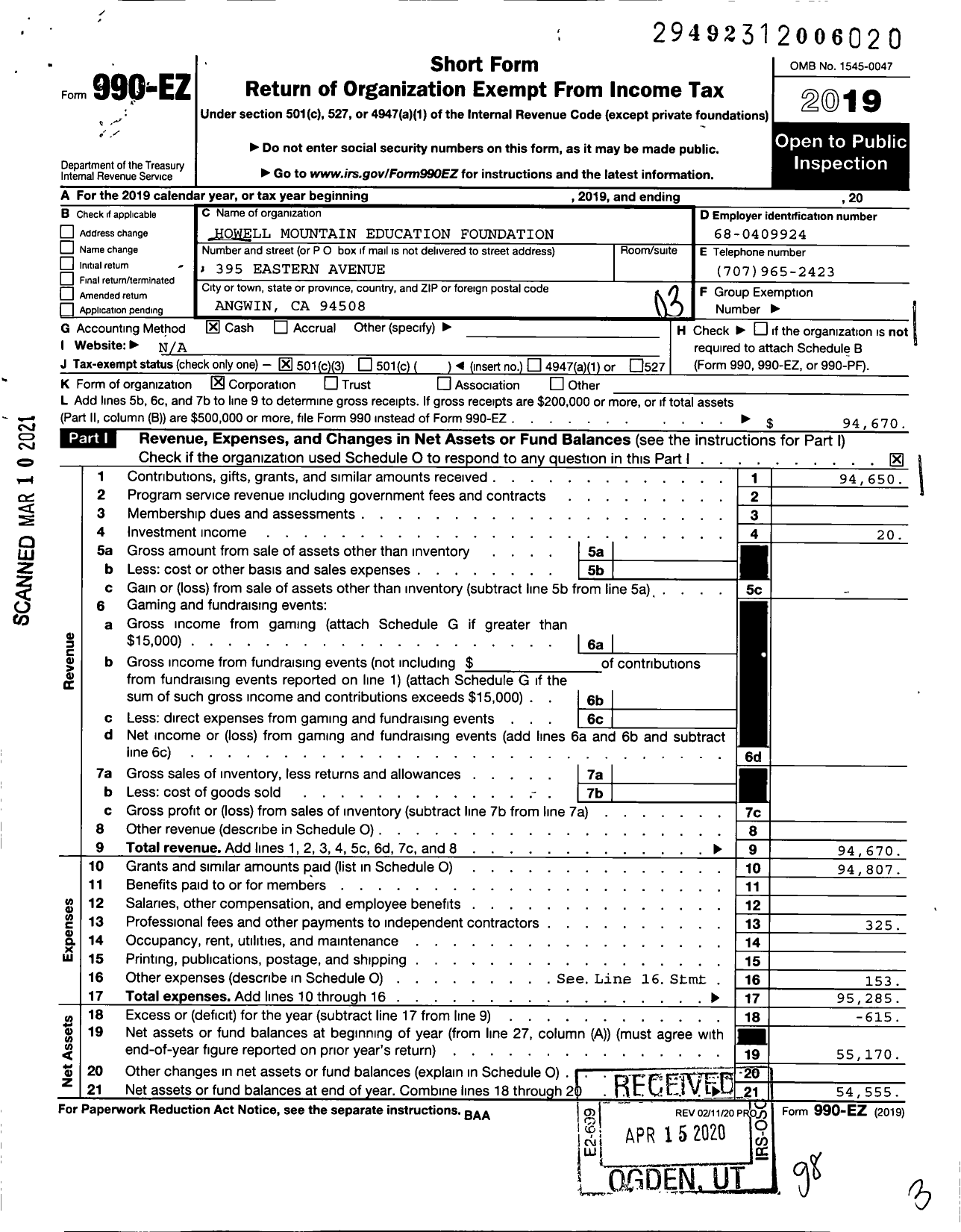 Image of first page of 2019 Form 990EZ for Howell Mountain Education Foundation