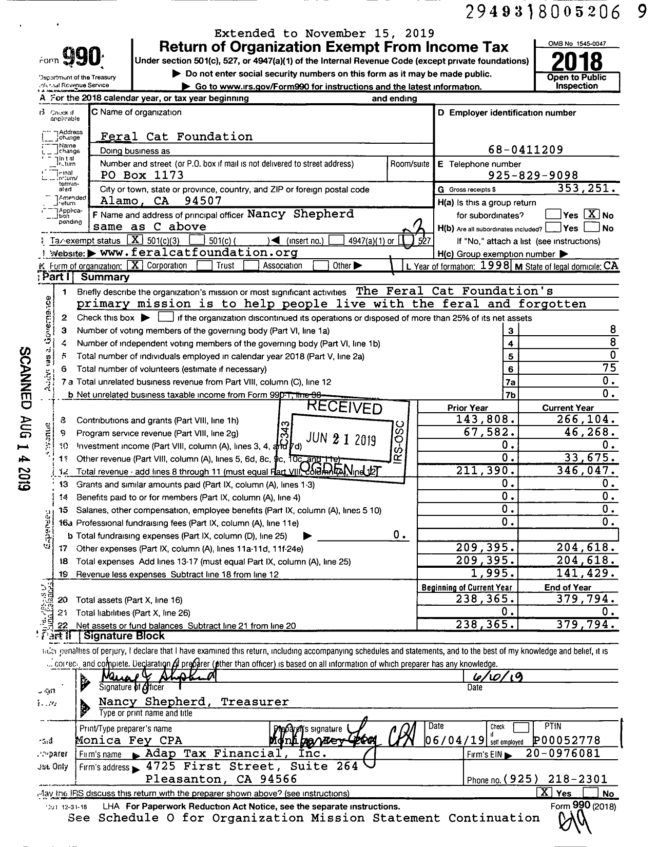 Image of first page of 2018 Form 990 for Feral Cat Foundation