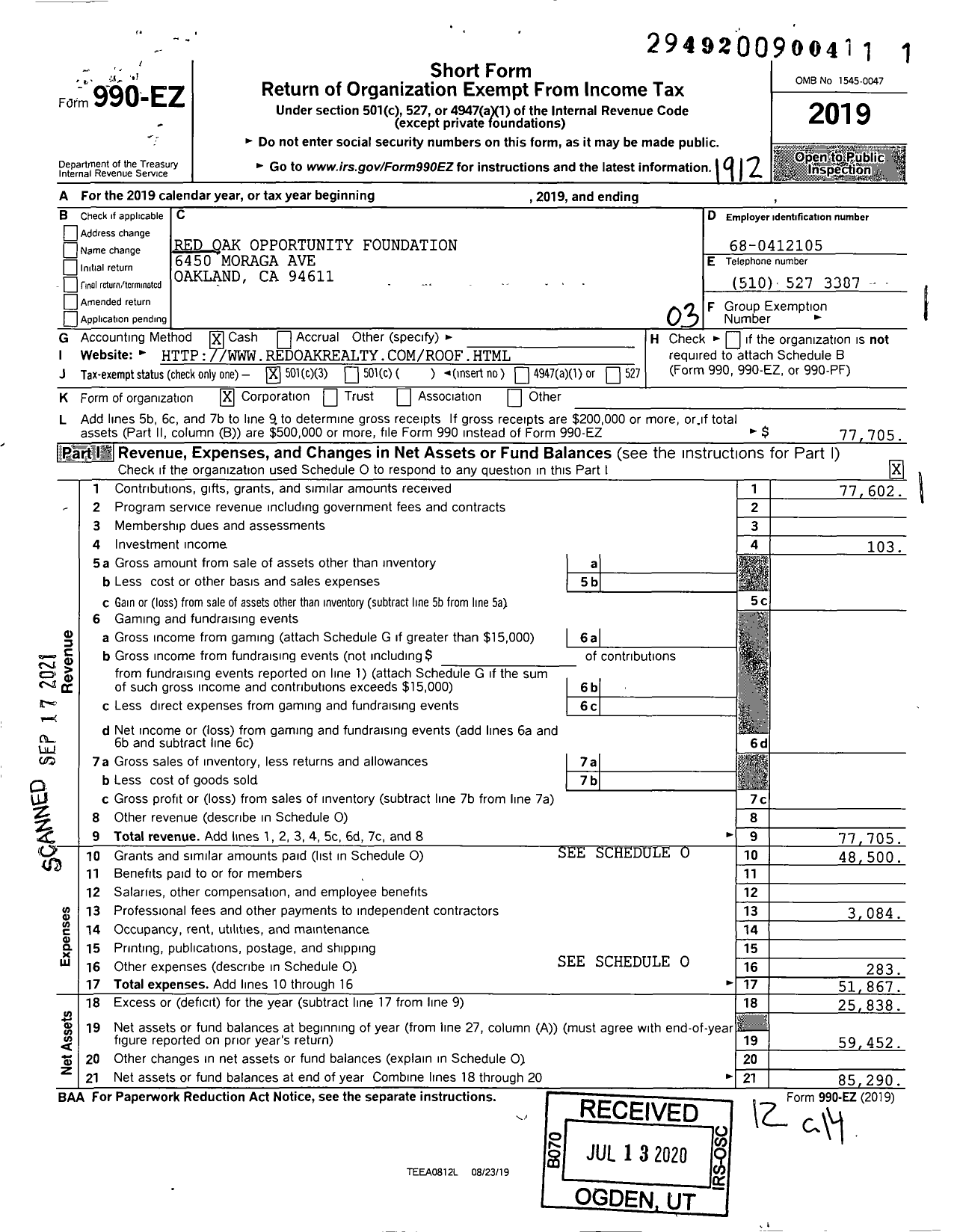 Image of first page of 2019 Form 990EZ for Red Oak Opportunity Foundation