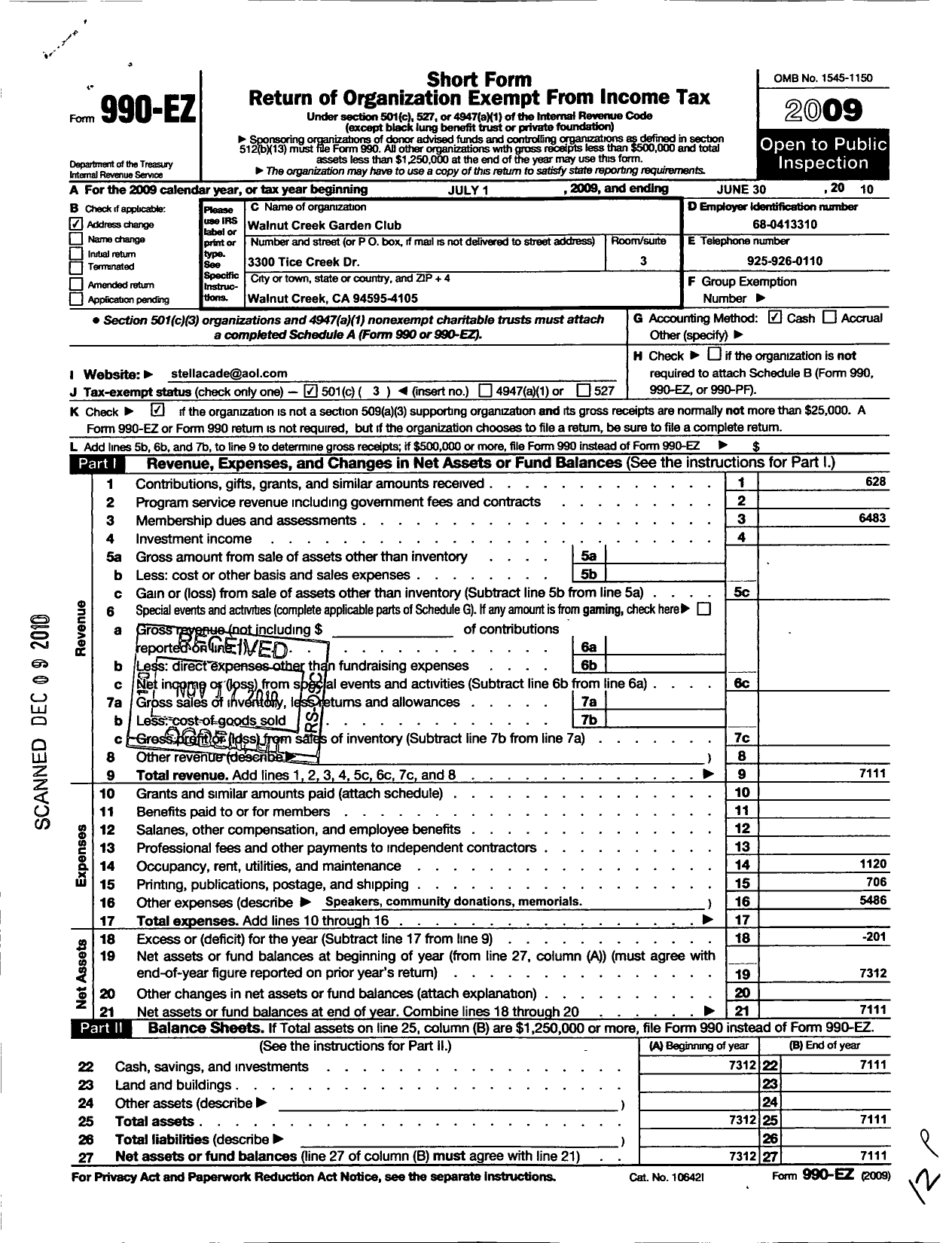 Image of first page of 2009 Form 990EZ for Diablo Foothills District Incorporated of Ca Garden CLBS