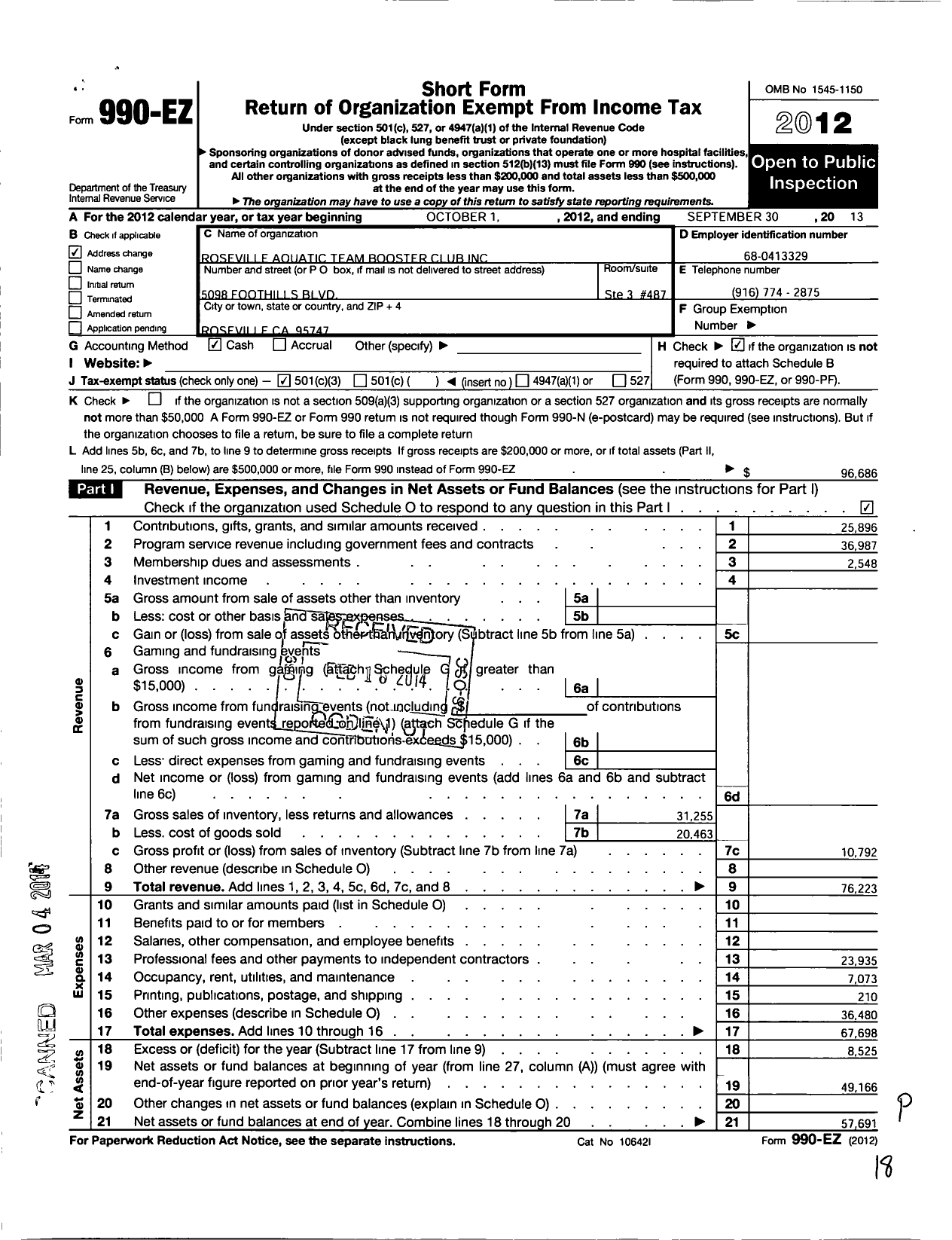 Image of first page of 2012 Form 990EZ for Roseville Aquatic Teams Booster