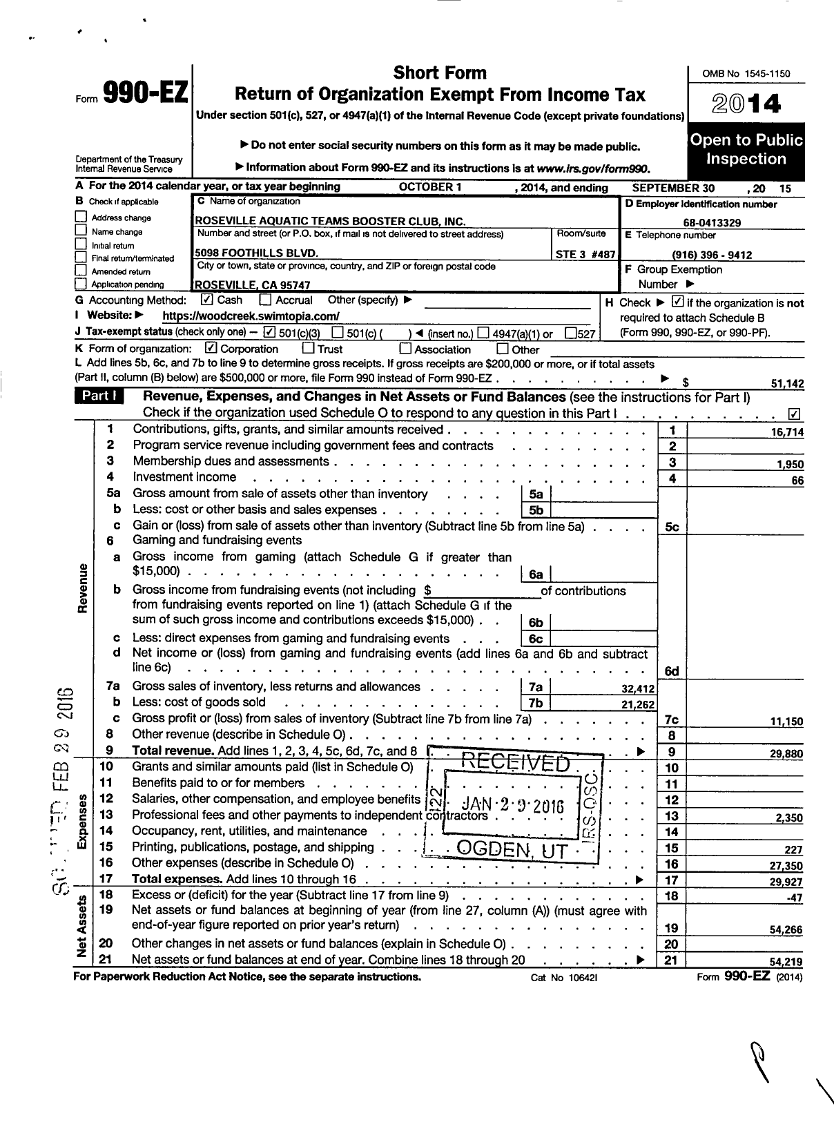 Image of first page of 2014 Form 990EZ for Roseville Aquatic Teams Booster