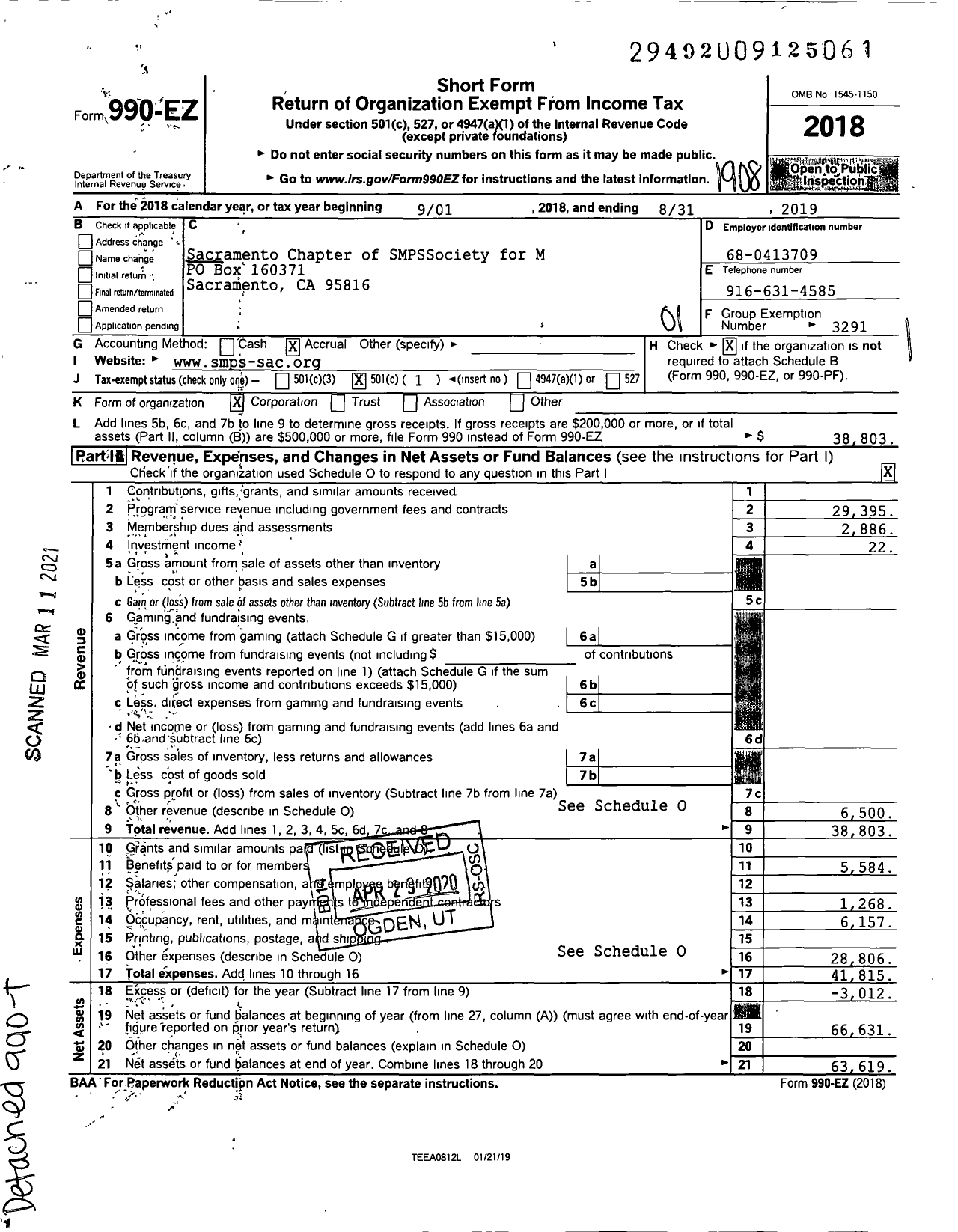 Image of first page of 2018 Form 990EO for Sacramento Chapter of SMPSSociety for M