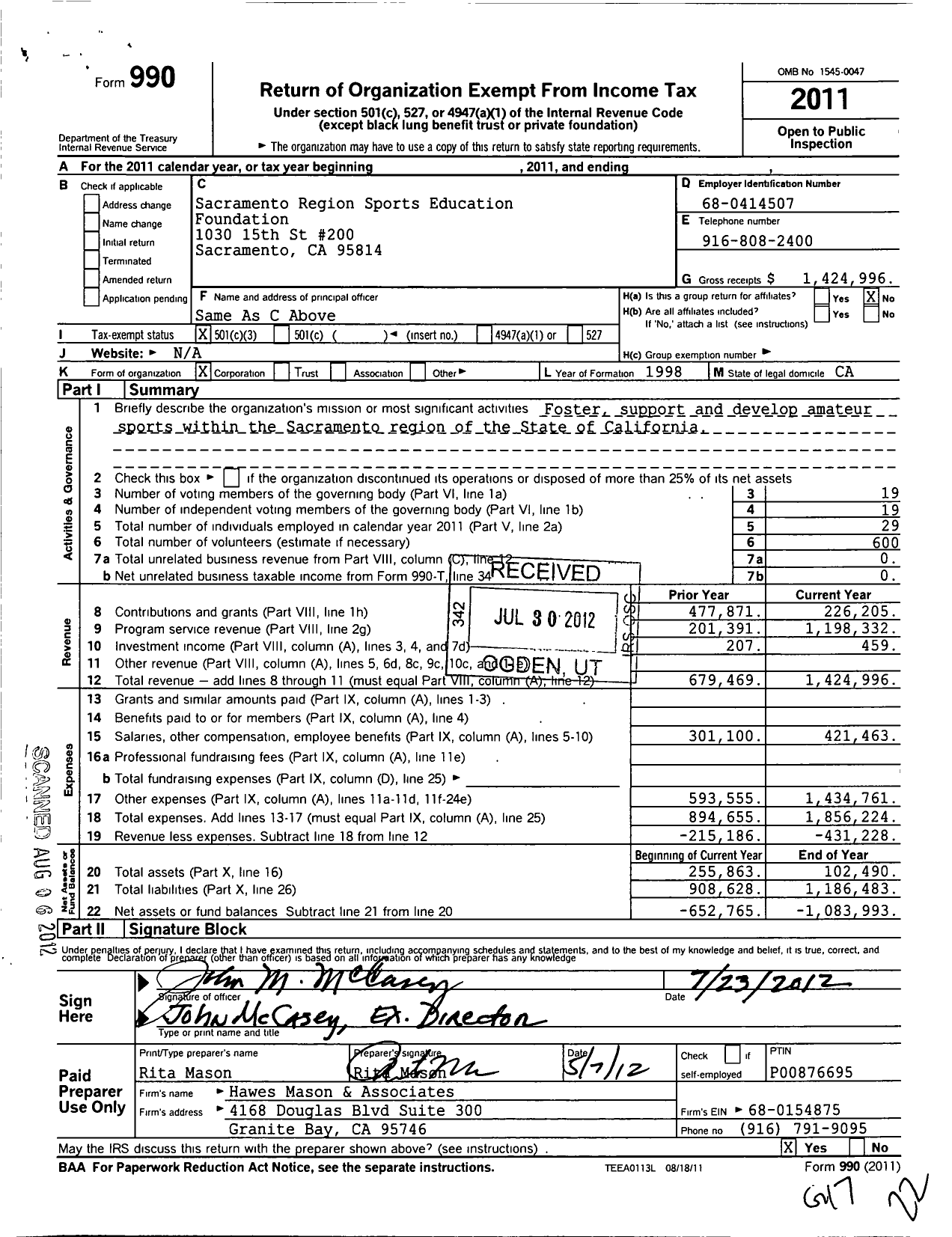 Image of first page of 2011 Form 990 for Sacramento Region Sports Education Foundation