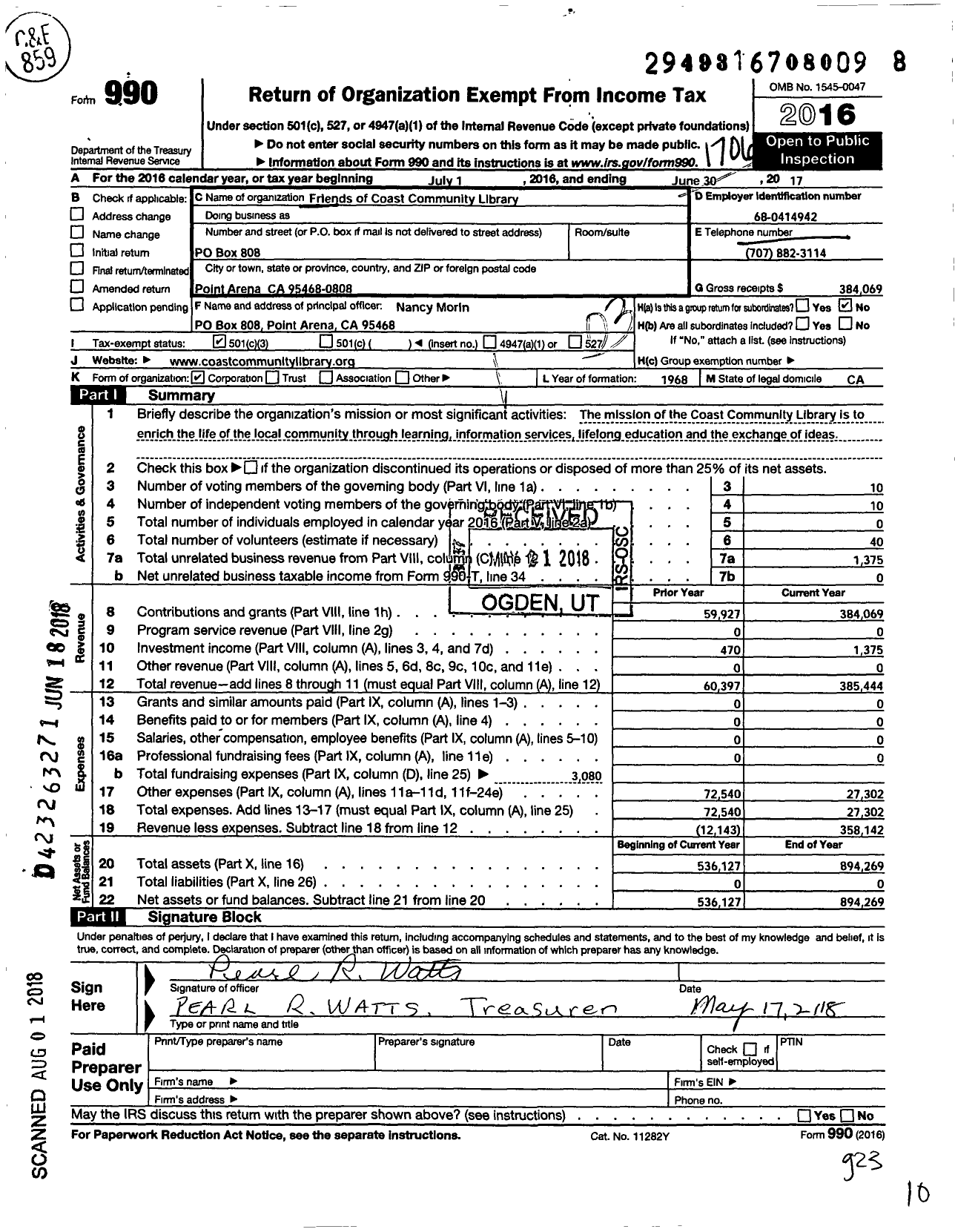 Image of first page of 2016 Form 990 for Friends of Coast Community Library