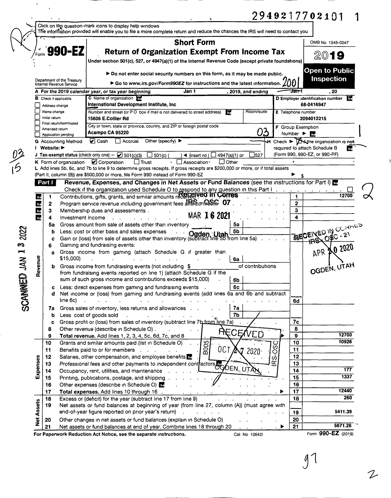 Image of first page of 2019 Form 990EZ for International Development Institute 05-01-97