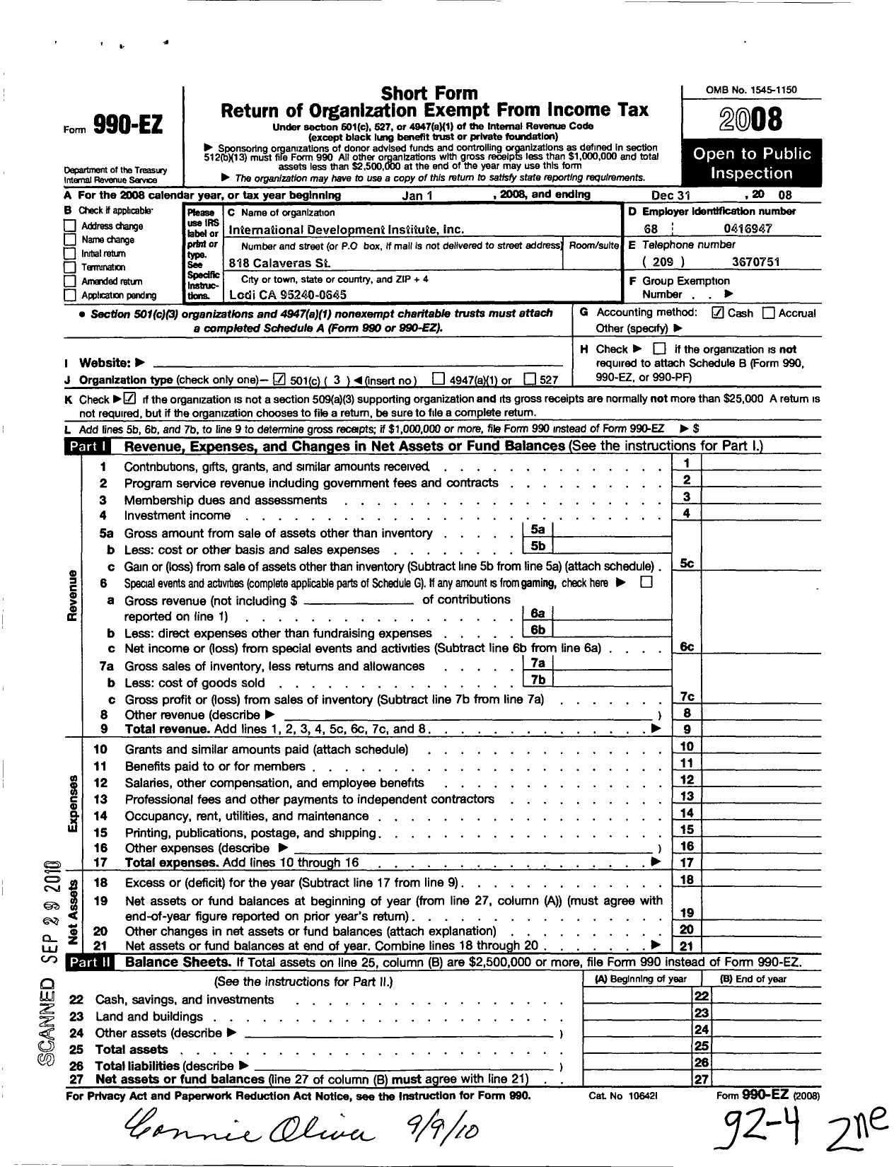 Image of first page of 2008 Form 990EZ for International Development Institute 05-01-97