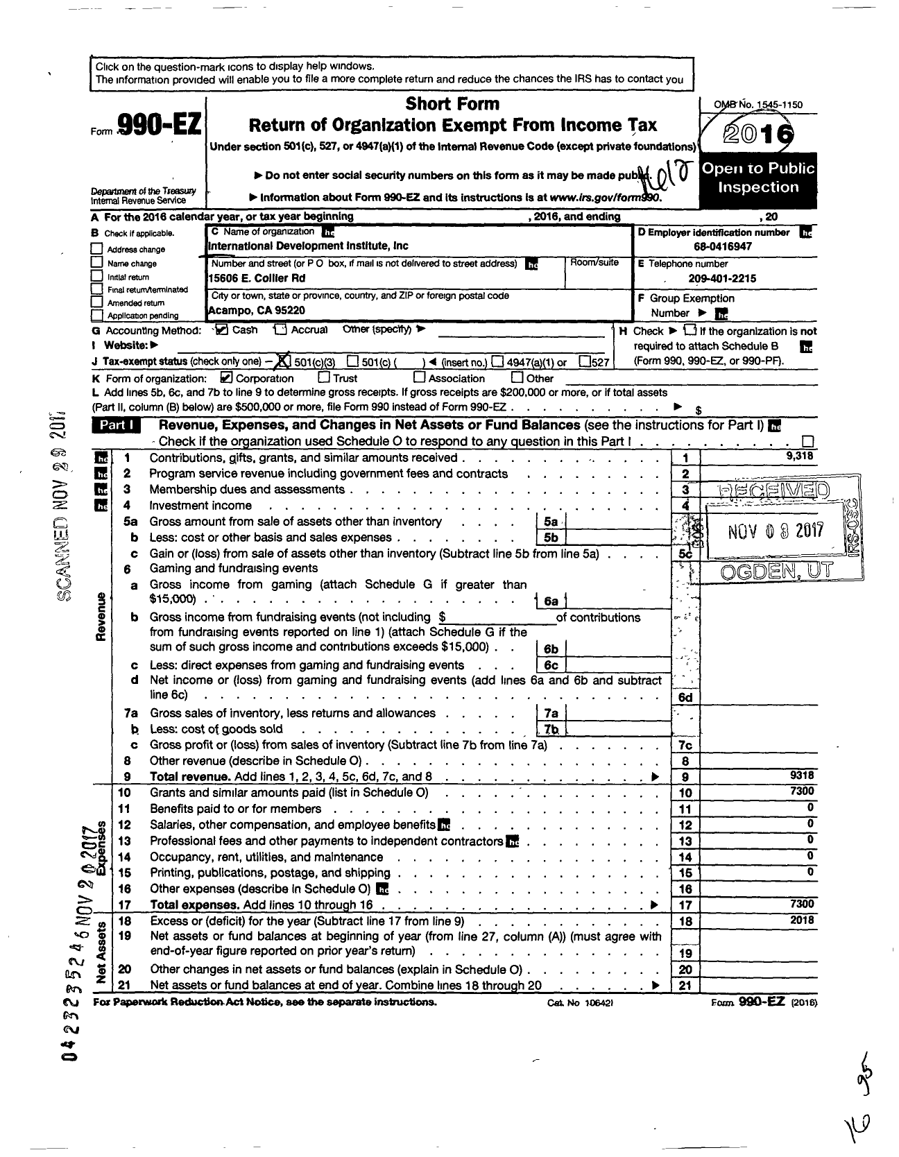 Image of first page of 2016 Form 990EZ for International Development Institute 05-01-97