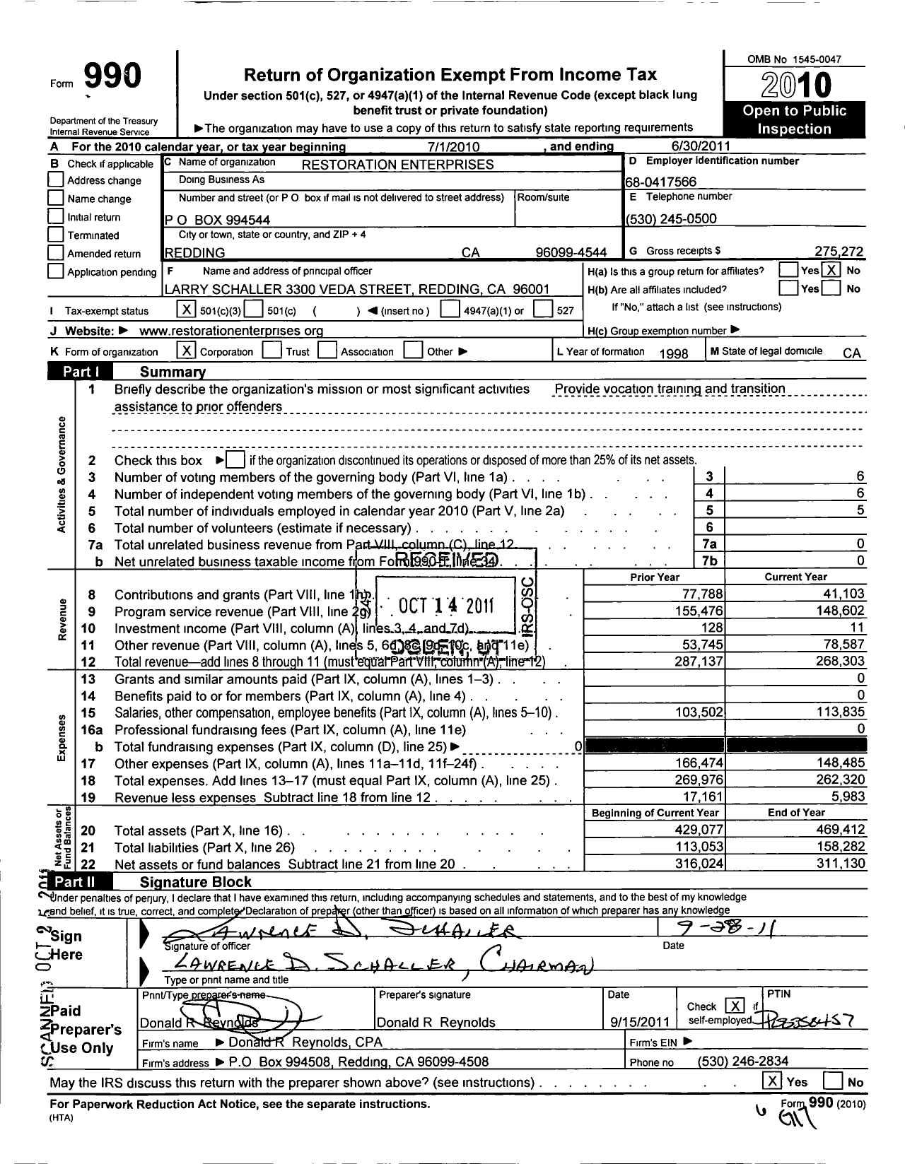 Image of first page of 2010 Form 990 for Restoration Enterprises