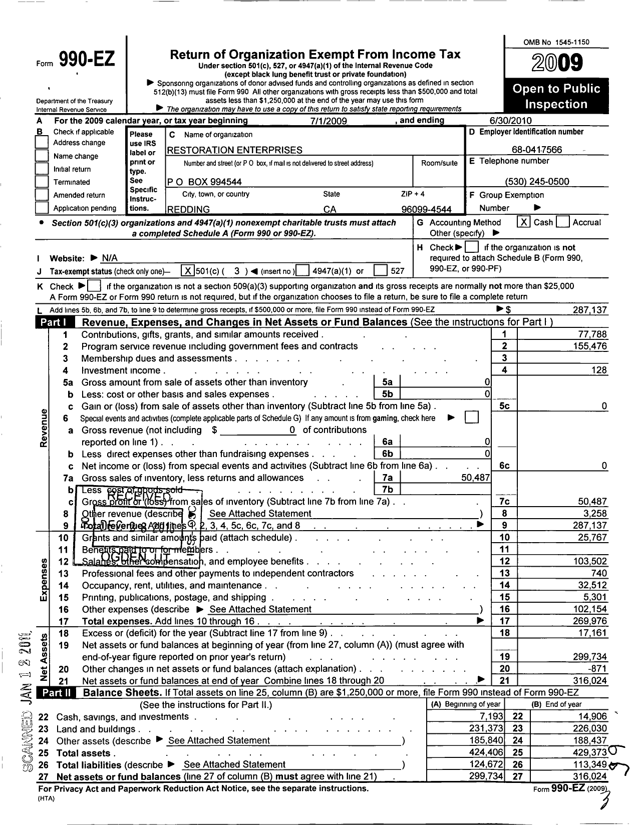 Image of first page of 2009 Form 990EZ for Restoration Enterprises