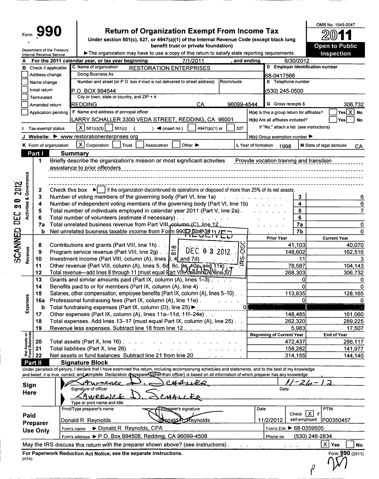 Image of first page of 2011 Form 990 for Restoration Enterprises