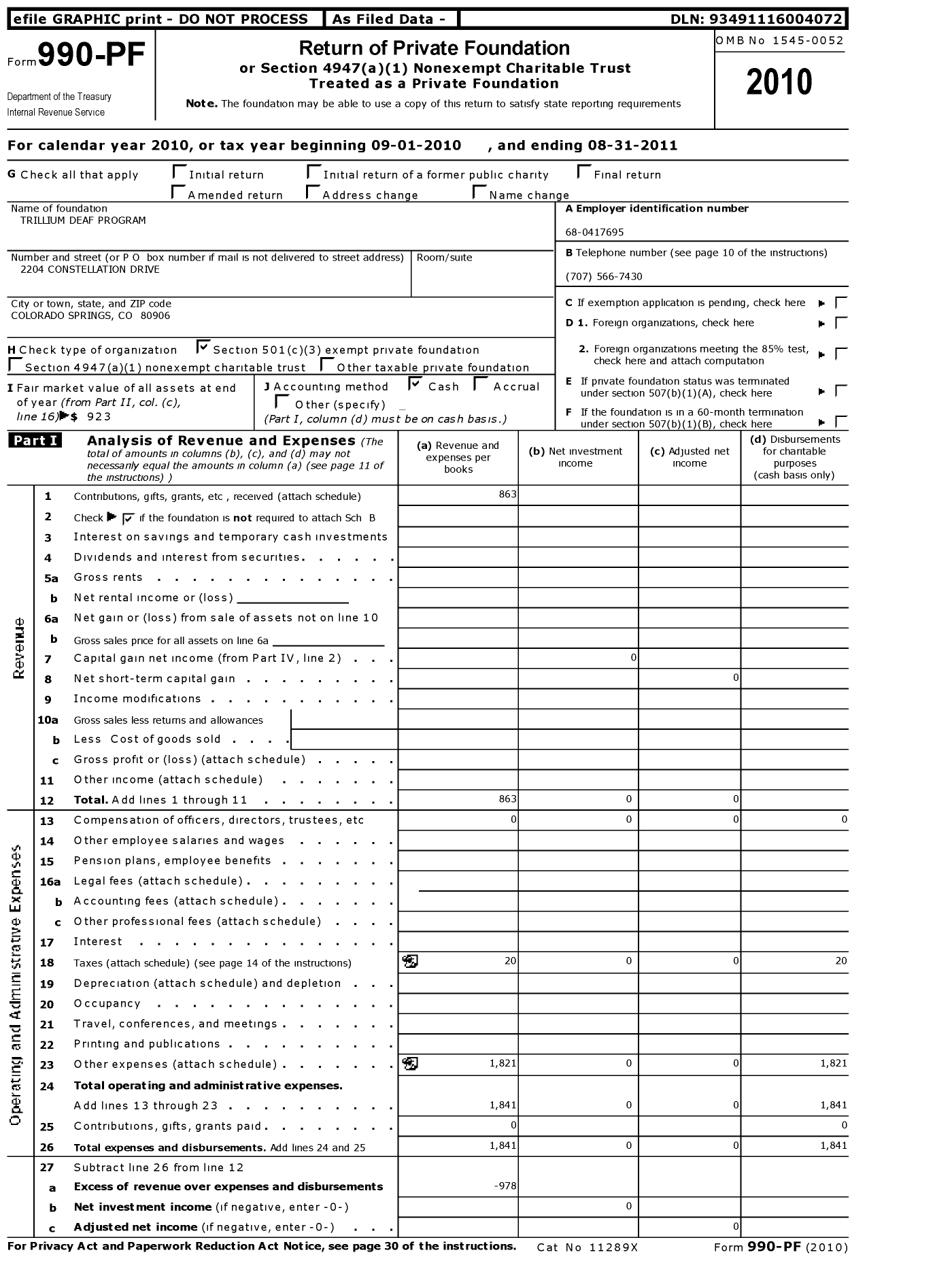 Image of first page of 2010 Form 990PF for Trillium Deaf Program