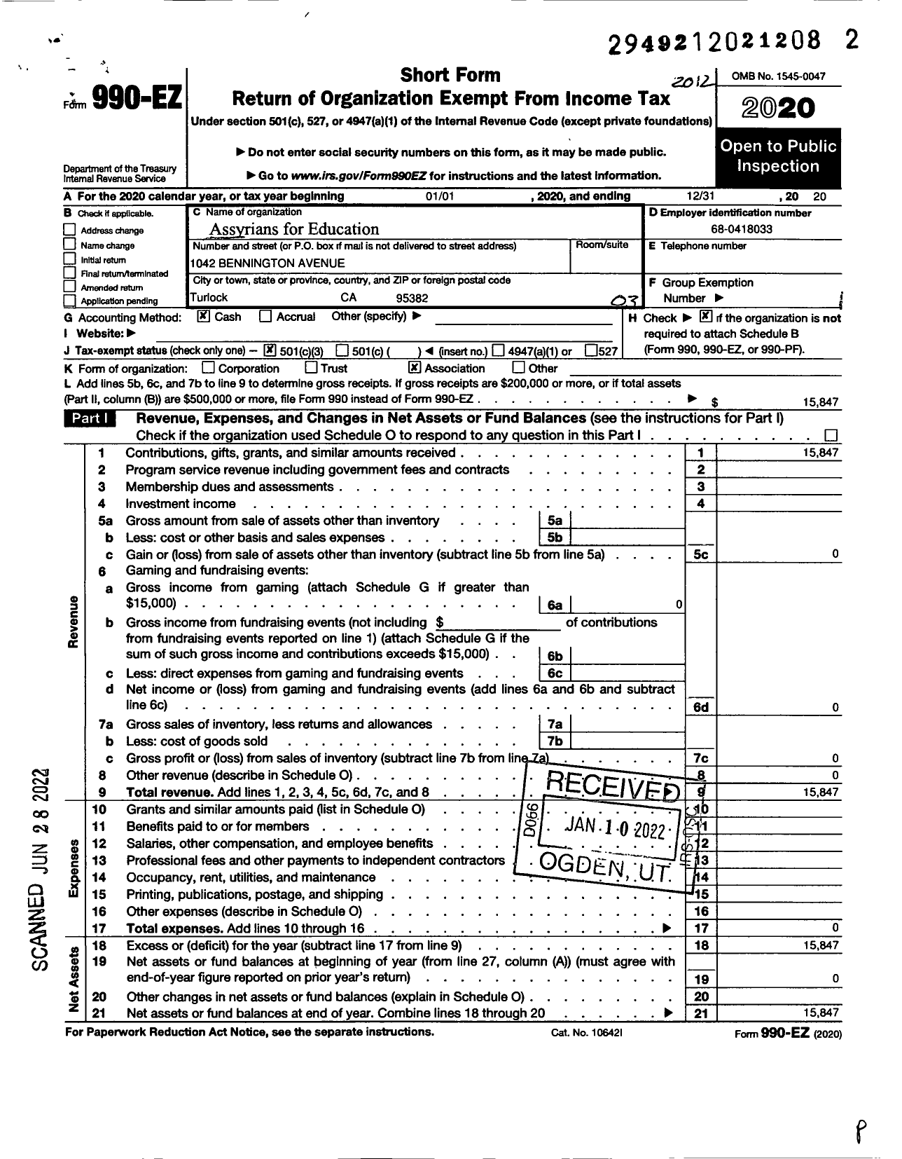 Image of first page of 2020 Form 990EZ for Assyrians For Education