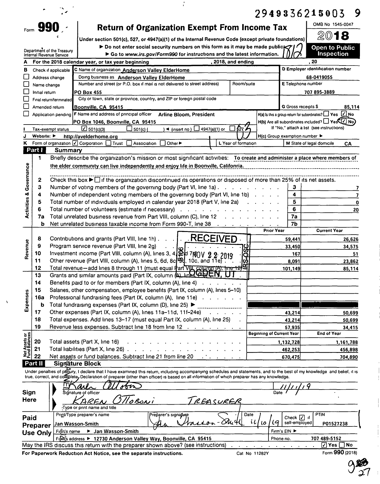 Image of first page of 2018 Form 990 for Anderson Valley ElderHome