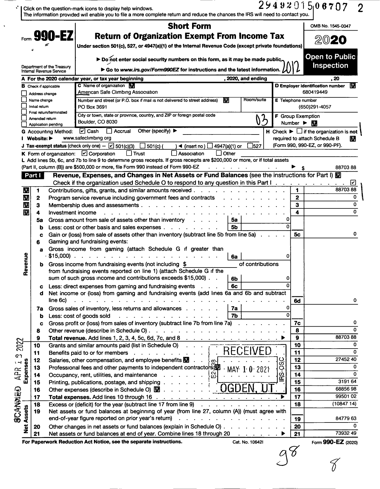 Image of first page of 2020 Form 990EZ for American Safe Climbing Association