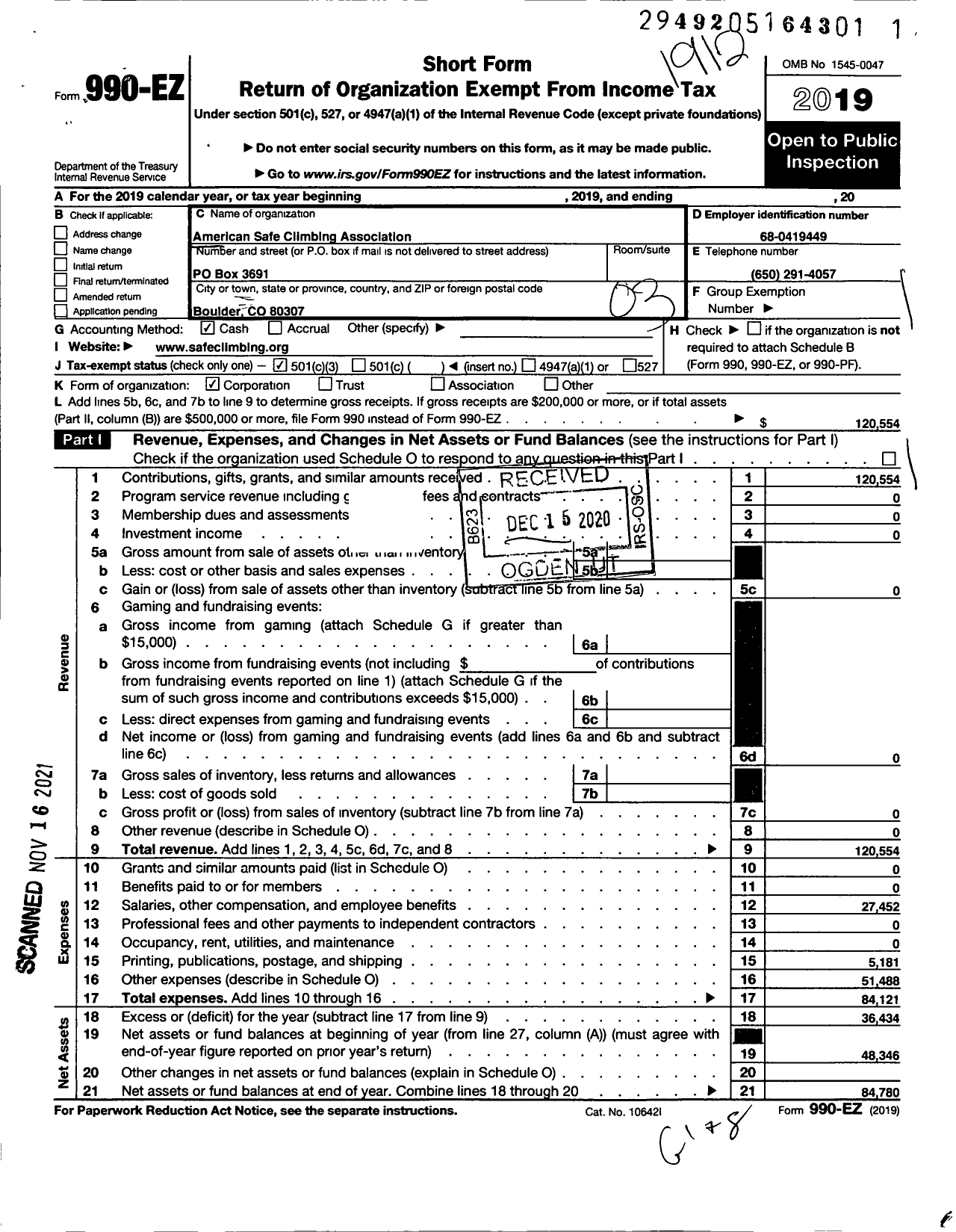 Image of first page of 2019 Form 990EZ for American Safe Climbing Association