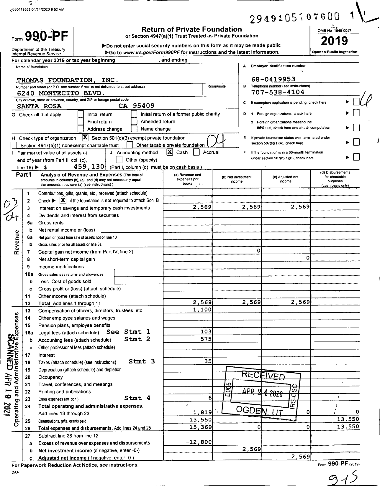 Image of first page of 2019 Form 990PF for Thomas Foundation