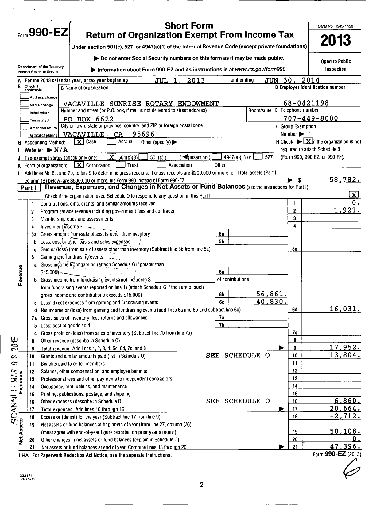 Image of first page of 2013 Form 990EZ for Vacaville Sunrise Rotary Endowment