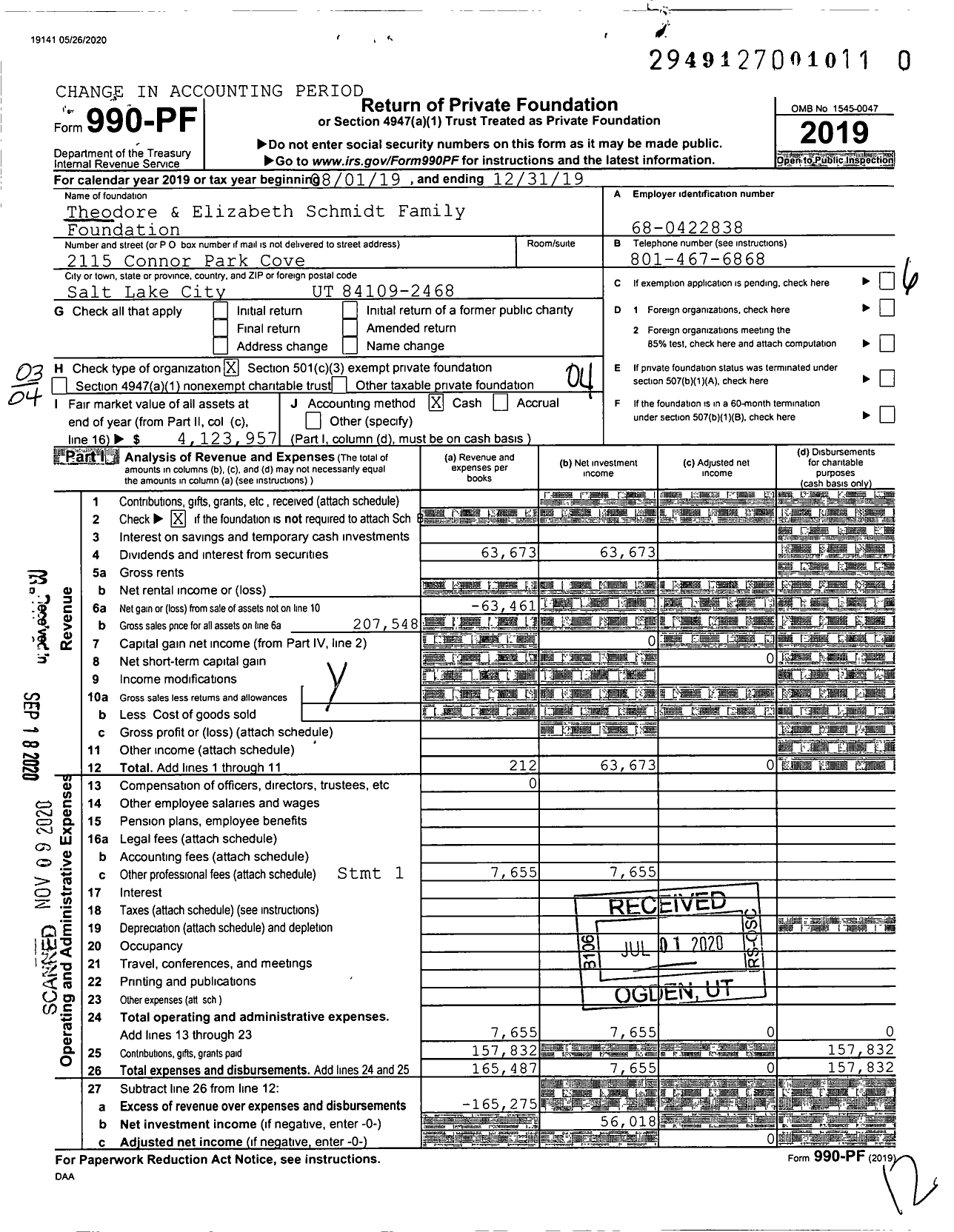 Image of first page of 2019 Form 990PF for Theodore and Elizabeth Schmidt Family Foundation