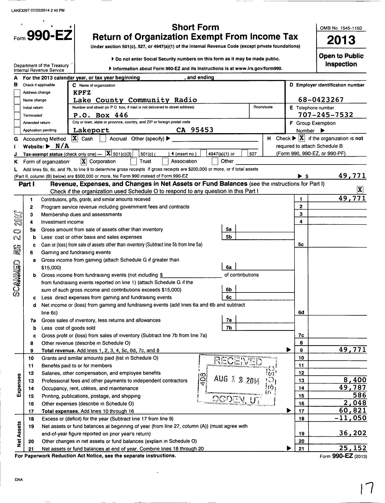 Image of first page of 2013 Form 990EZ for Lake County Community Radio