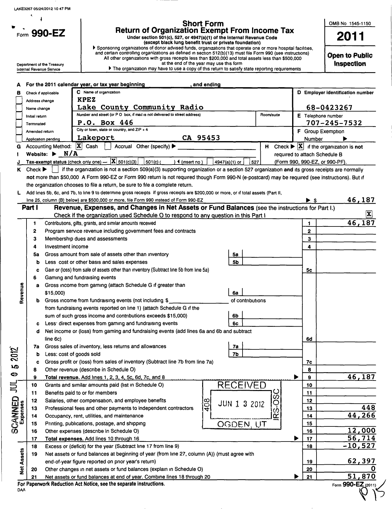 Image of first page of 2011 Form 990EZ for Lake County Community Radio