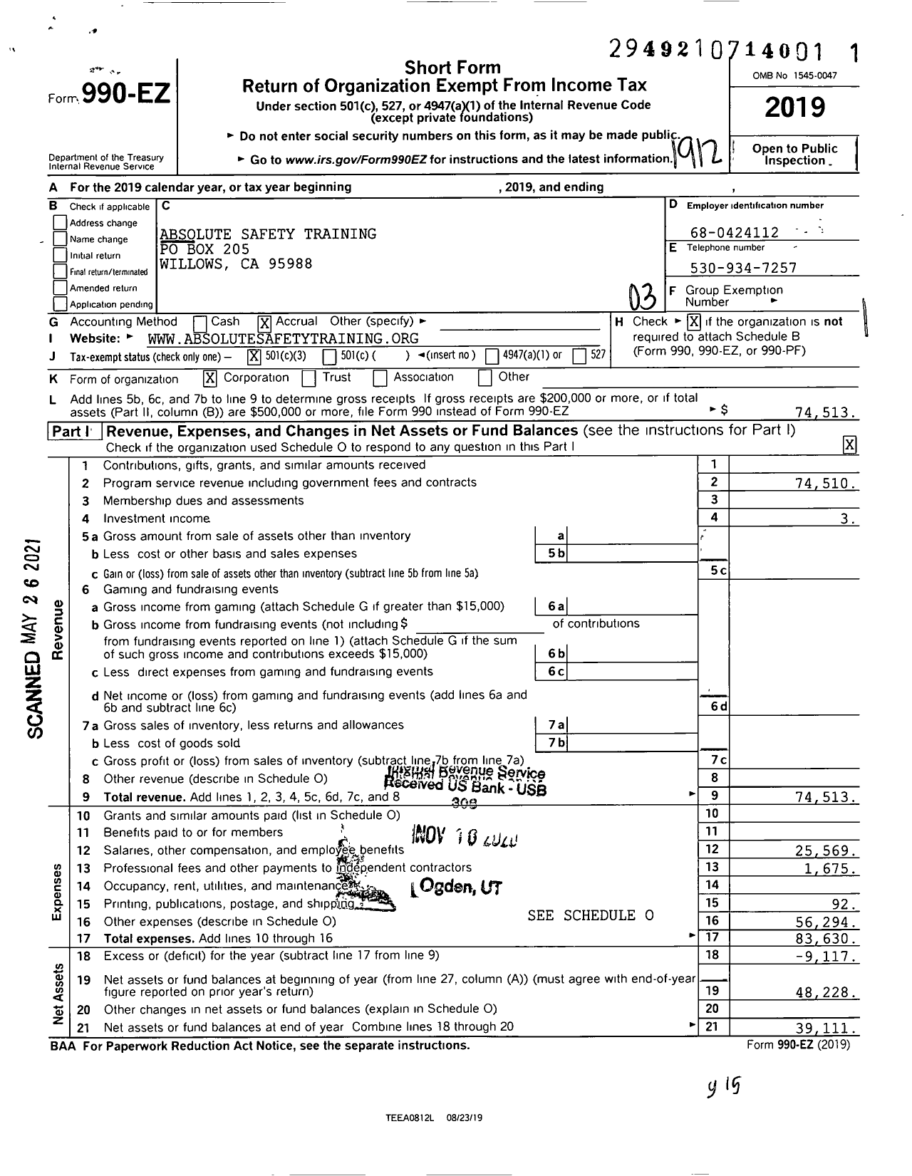 Image of first page of 2019 Form 990EZ for Absolute Safety Training