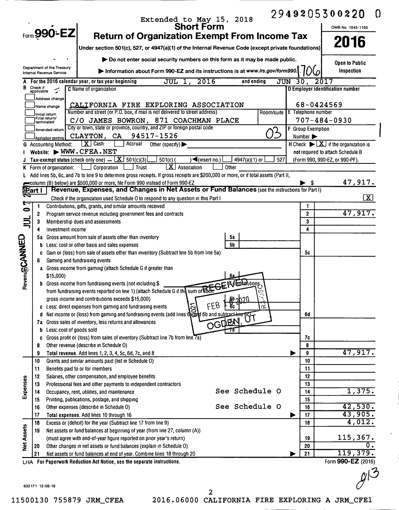 Image of first page of 2016 Form 990EZ for California Fire Exploring Association