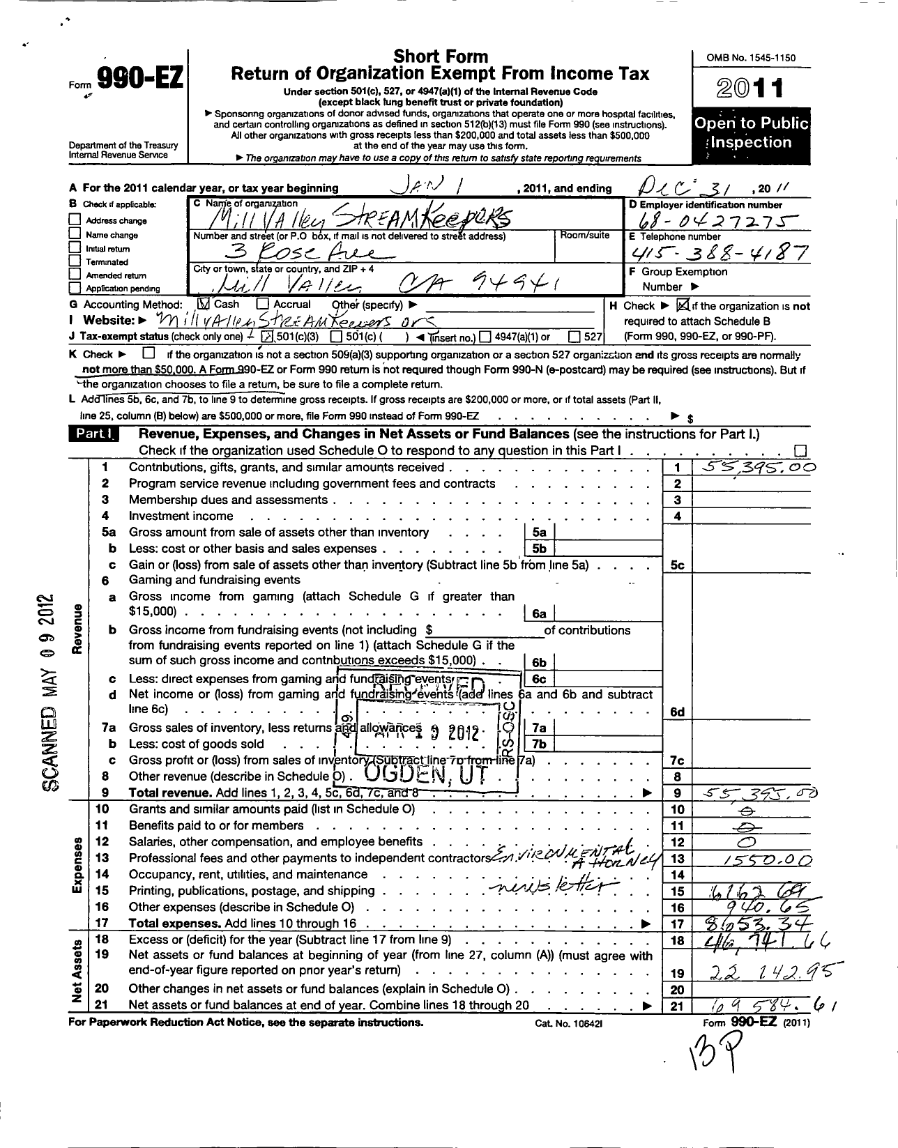 Image of first page of 2011 Form 990EZ for Mill Valley Streamkeepers