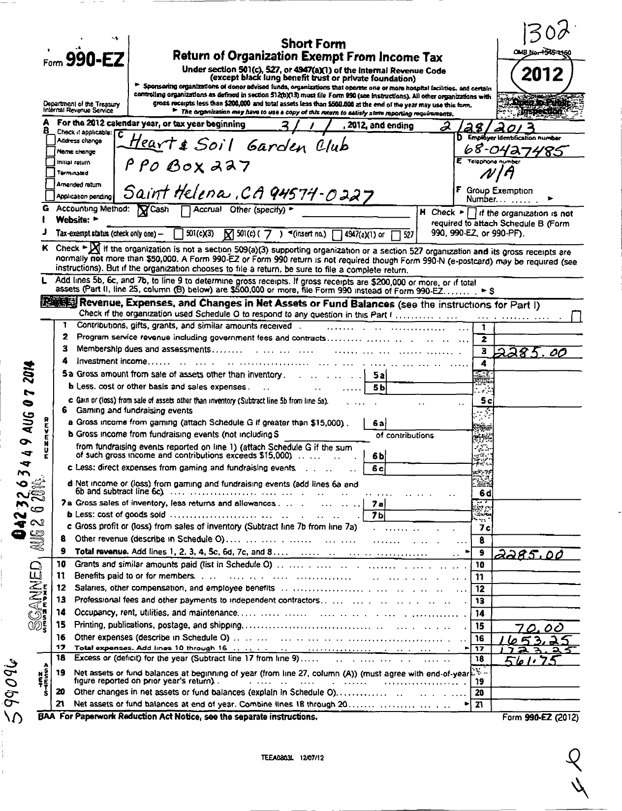 Image of first page of 2012 Form 990EO for Heart and Soil Garden Club