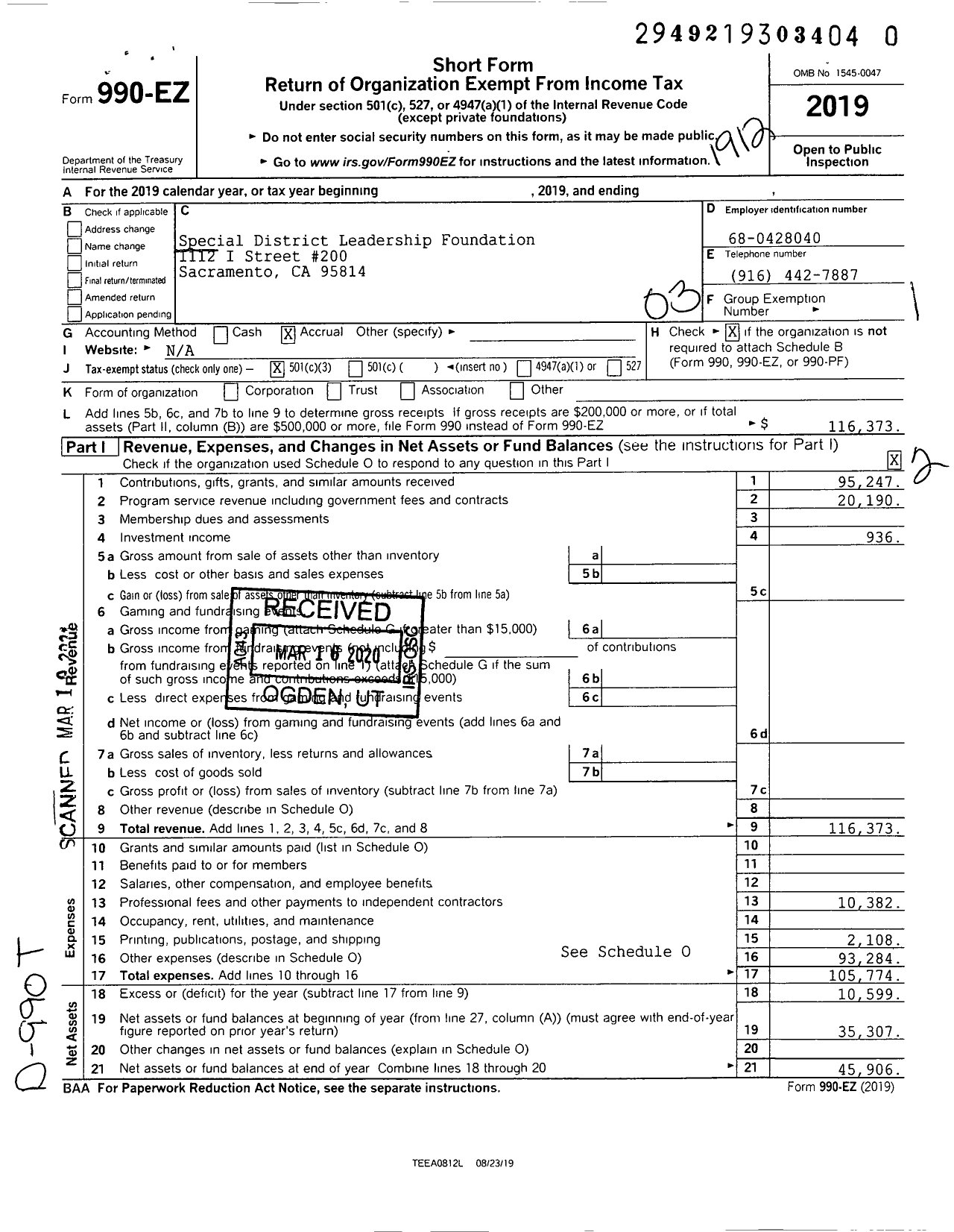 Image of first page of 2019 Form 990EZ for Special District Leadership Foundation